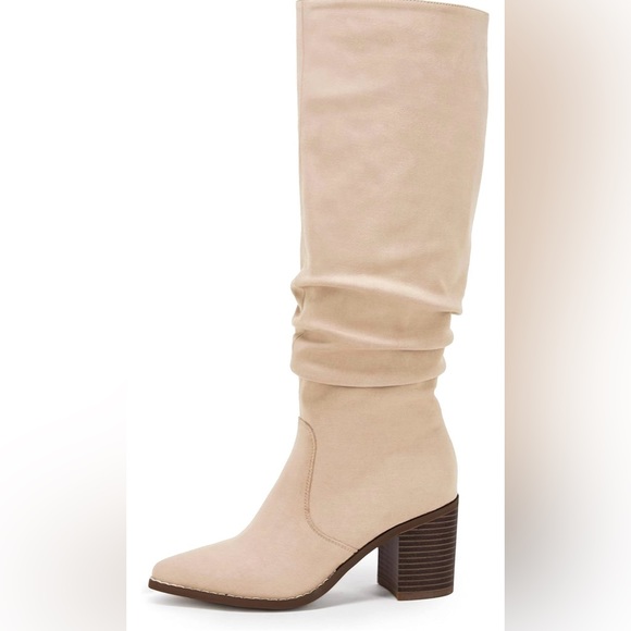 Womens Pointed Toe Mid Chunky Heel Side Zipper Knee High Boots Tall Booties - Picture 6 of 9